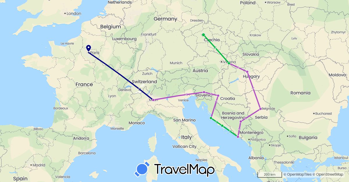 TravelMap itinerary: driving, bus, train in Bosnia and Herzegovina, Czech Republic, France, Croatia, Hungary, Italy, Serbia, Slovenia, Slovakia (Europe)